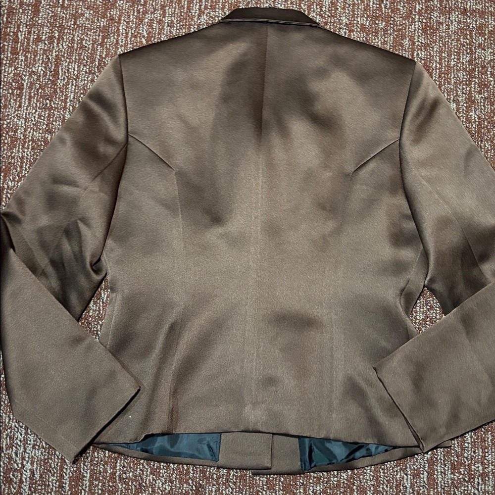 Chocolate Brown Satin Blazer fitted women’s blazer shiny button front structured - Picture 5 of 15